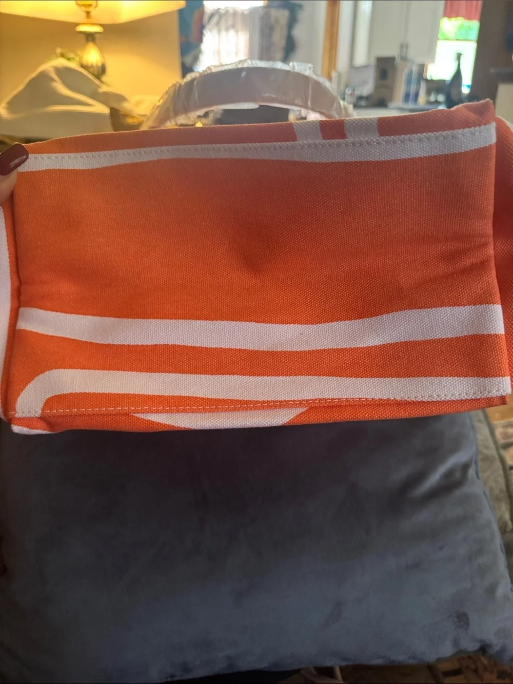 Orange Canvas Tote with White Abstract Loop Pattern and Tan Handles
